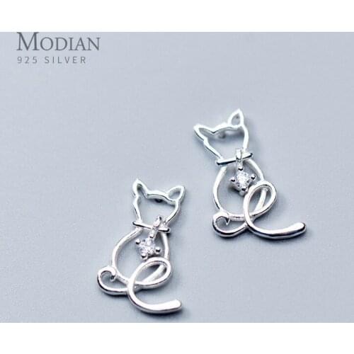 Modian Charm Classic Clear CZ Line Animal Cats Stud Earrings Romantic Female 925 Sterling Silver Jewelry For Women Christmas