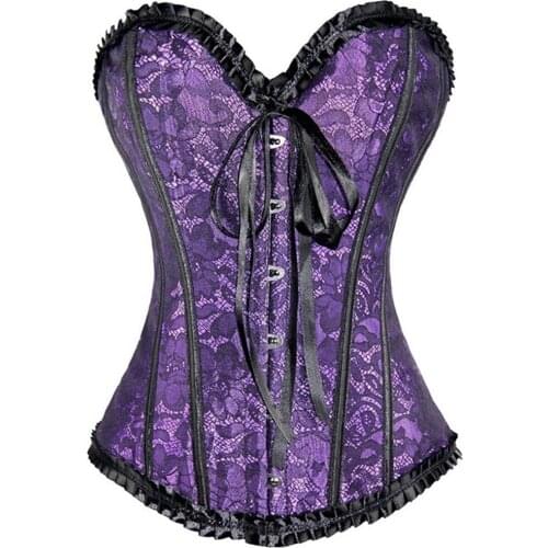 Womens Sexy Red Purple Boned Lace up Overbust Corset With Bow Ruffle Floral Bustier Clubwear Corselet Lingerie