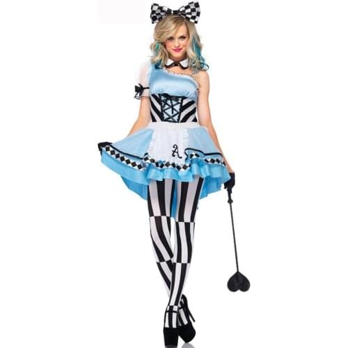 Women Dress Halloween Costume Blue Alice Cosplay Costume One Shoulder Princess Dress
