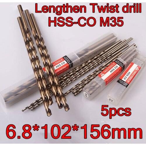 6.8*102*156mm 5pcs/set HSS CO5% M35 Containing cobalt longer twist drill Processing stainless steel and steel
