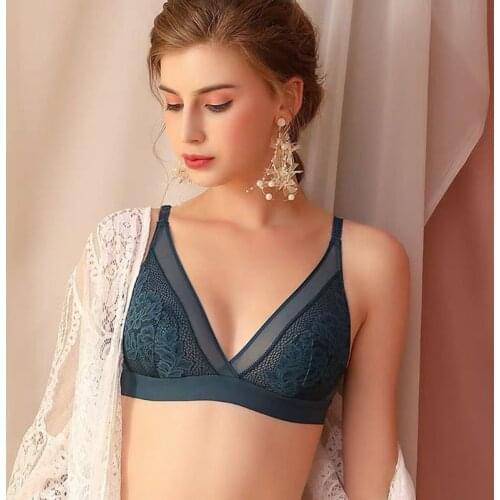 Women French Sexy Deep V Triangle Bra Crochet Floral Lace Wireless Bralette Ultra-Thin Lightly Padded Underwear Lingerie