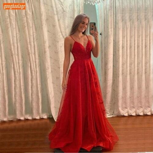 Fashion Red Evening Dress Long Spaghetti Strap Lace Appliqued Tulle A Line Evening Gowns 2020 Slim fit Gala Women Formal Dresses