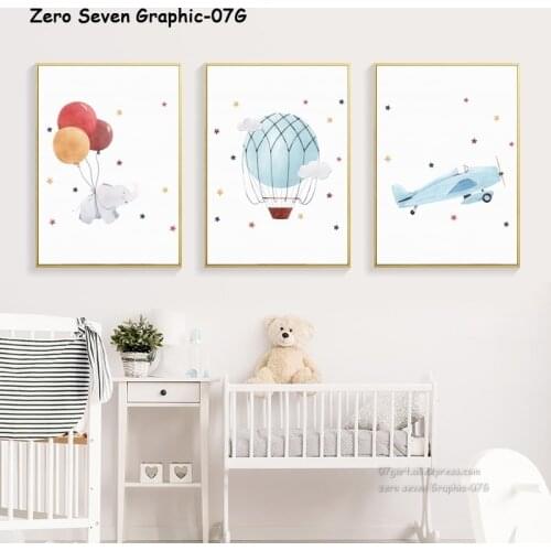 Canvas Painting Cute Elephant With Balloons Plane Hand Drawn Picture Print Poster Wall Art Decor For Childrens Room Home Decor