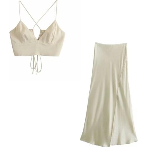 Klacwaya Women 2021 Sexy Sling Silk Satin Texture Short Top + Solid Color Vintage High Waist Slit Female Midi Skirts Suit