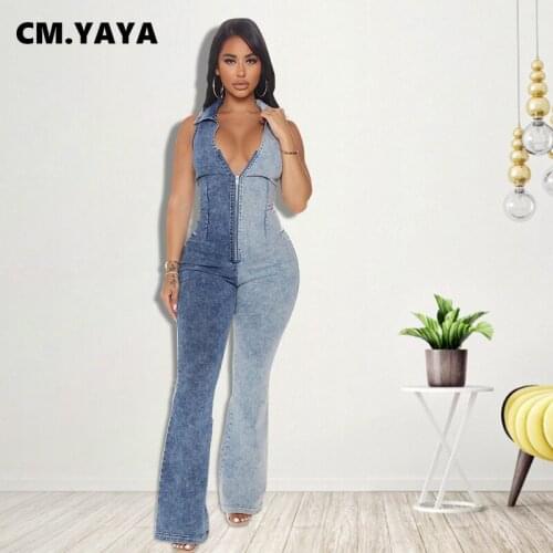 CM.YAYA Women Denim Jumpsuit Patchwork Sleeveless Turn-down Collar Zipper Skinny Flare Jumpsuits Fashion Outfits Summer 2021