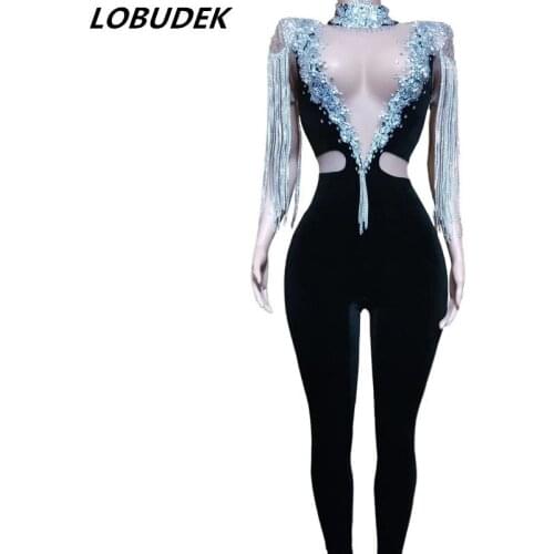Summer Women Hollow Mesh Rhinestone Fringe Black Velvet Jumpsuit Birthday Prom Evening Party Singer Dancer Concert Stage Costume