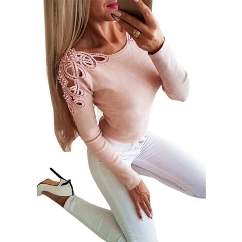 Fashion Bling Beading Hollow Out Blouse Casual Ladies Autumn Sexy Slim Bottom Tops Women Long Sleeve Shirt Blusas Pullover