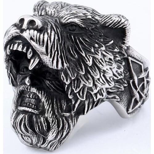 Mens Silver Color Viking Bear Warrior 316L Stainless Steel Vintage Vikings Cyclist Ring, Nordic Jewelry