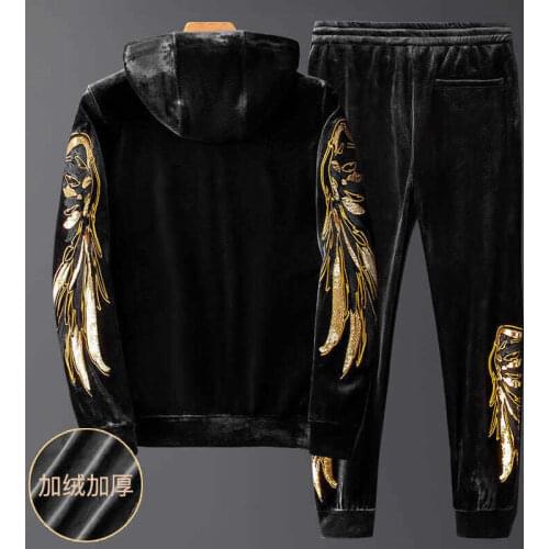 Plus Velvet Gold Silk Leisure Sports Suit Korean Style Slim Winter Two-Piece Mens Trend