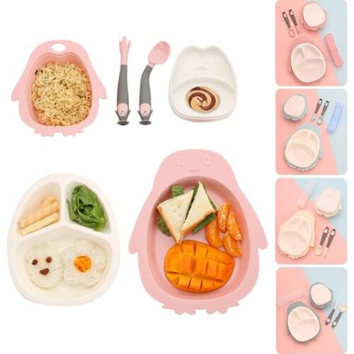 Baby Cartoon Penguin Cutlery Set Creative Children Separated Dinner Plate Tray Twisted Spoon Fork Feeding Dishes Kids Gift