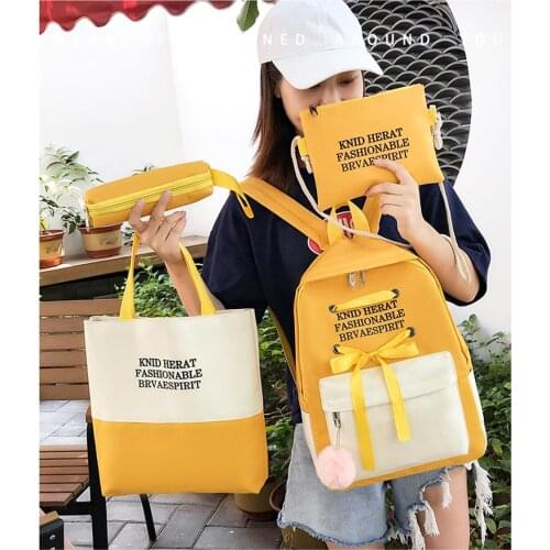 4 Piece Set Bright Colorful Schoolbags High Quality Female Shoulder Bags For Teenage Girls Ribbon Design Women Backpack Fashion