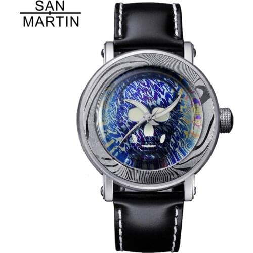 San Martin 2020 Newest Damascus Steeel Automatic Men Watches Sapphire Crystal 20Bar Limited Skull SW200 Mov't Mechanical Watch