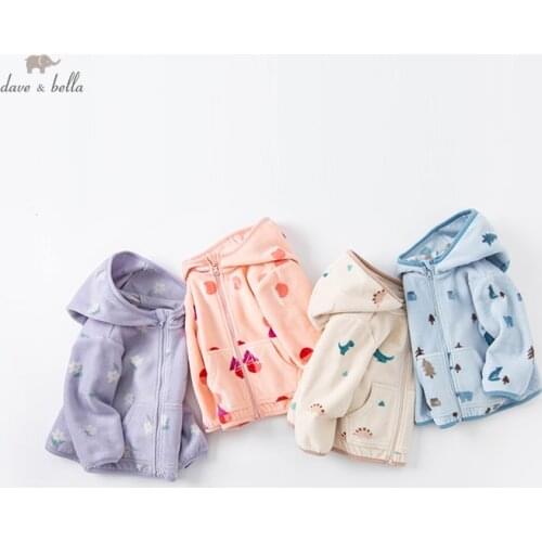 DBJ20439 dave bella autumn baby unisex fashion cartoon print hooded pockets coat children tops infant toddler outerwear