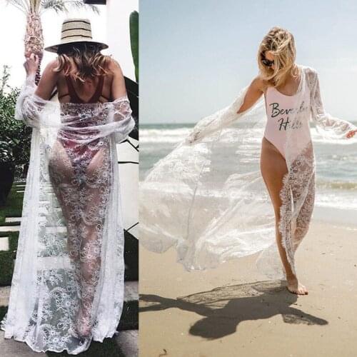 Beach Cover up Solid Lace Bikini Cover up Tunic Summer Kimono Women Swimsuit Swimwear Long Blouse Cardigan Bathing Suit Saidas