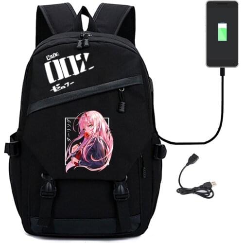 Darling In The Franxx Backpack Zero Two Anime Print Cosplay Black Cute Unisex USB Charging Laptop Shoulder TravelBags Schoolbag