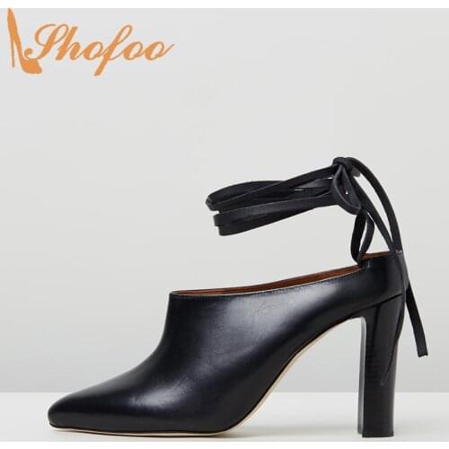 Shofoo Black Stilettos Ankle Strap Pumps Women Lace Up High Square Heels Pointed Toe Ladies Office Shoes Large Size 12 16 Mature
