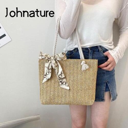 Johnature Summer Leisure Women Tote Bag 2021 New Holiday Beach Woven Straw Bags Versatile Large Capacity Fashion Shoulder Bags