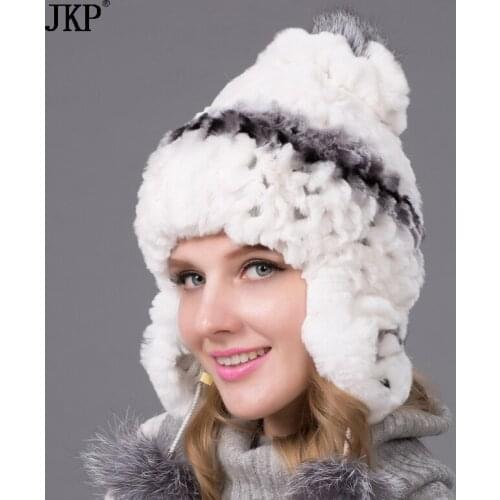 Womens warm autumn and winter rabbit fur woven hat ears rabbit and fox fur hat fashion hair ball knit hat female THY-08