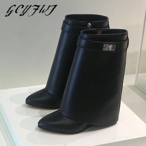 Womens Mid Calf Boots Metal Decoration Buckle Strap Height Increasing Female Shoes Round Toe Wedges Hand-made Women Short Boots