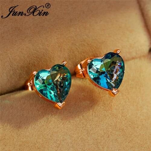 Female Mystic Rainbow Fire Crystal Small Heart Earring White Gold Rose Gold Color Blue Green Zircon Wedding Stud Earrings Women