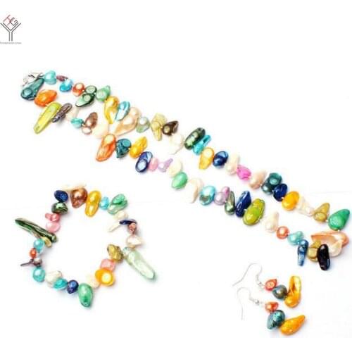 Women Jewelry set 8-15mm multiple color mixed baroque elongated pearl necklace bracelet hook Earring natural freshwater pearl