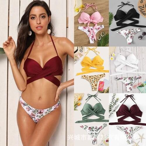 Small fresh cross split bikini open back swimsuit 2 piece sets womens bikini set