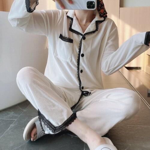 Gold Velvet Pajamas Womens Pijamas Set Spring Autumn Home Clothes Korean Cardigan Top + Pant Lace Sweet Princess Two Piece Suit