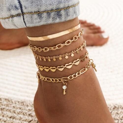 6 pcs/set Bohemian Vintage Gold Mixed Chain Love Key Multi-Layer Anklet Women Sunny Beach Surfing Jewelry Accessories