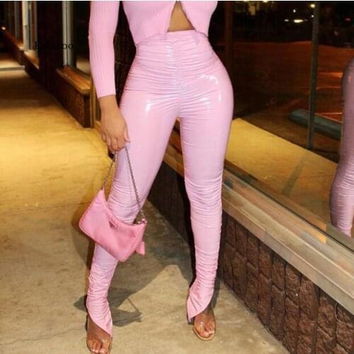 Pu Women Stacked Leather Pants Slit Ruched High Waist Sexy Streetwear Autumn Winter Club Trousers Solid