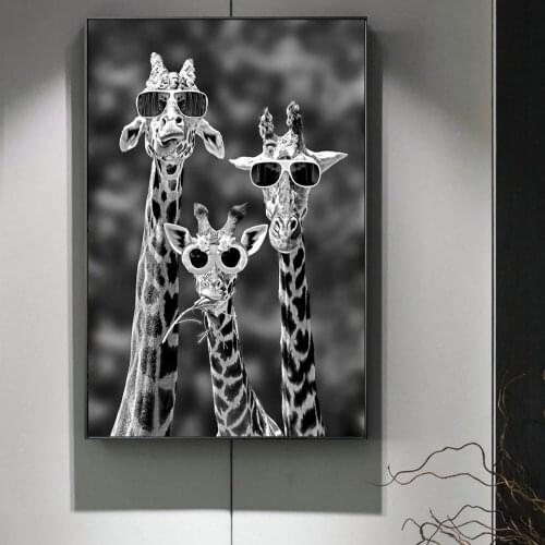 Black and white giraffe family with glasses canvas wall art painting decorative posters and happy family funny anime poster