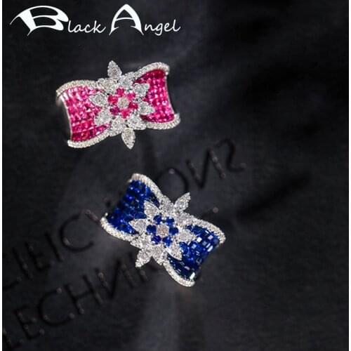 BLACK ANGEL 2021 New 925 Silver Luxury Queen Crown Inset Pink Blue Gemstone Resizable Ring Wedding Fine Jewelry Wholesale