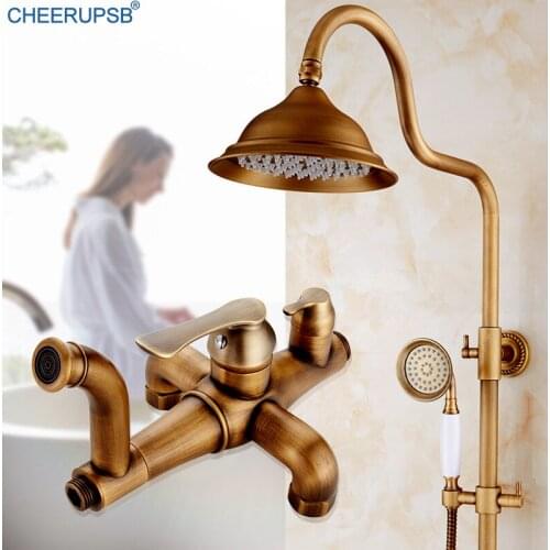 Euro Bathroom Shower Set Brushed Antique Gold Shower System Lifting Rotating Bath Mixer Tap Rainfall Wall Shower Rain Retro Kit