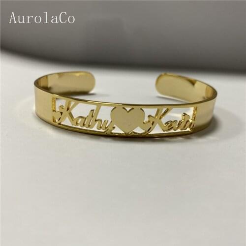 AurolaCo Customized Name Bracelets Personalized Custom Cuff Bangles Women Men Rose Gold Stainless Steel Jewelry Gifts