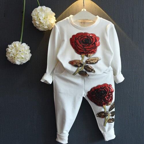 Girls Clothing Suit 2019 Hot Sell Children Spring New Embroidered Sequins Boys and Girls Casual Sports Suit Rose Flower Suit
