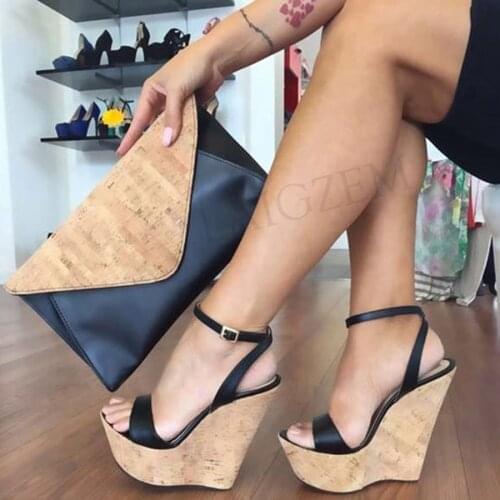 LAIGZEM Women Sandals Ankle Strap Platform Wedges Wood Printing Heels Pumps Shoes Woman PARTY Club Shoes Sandalia Size 34-45