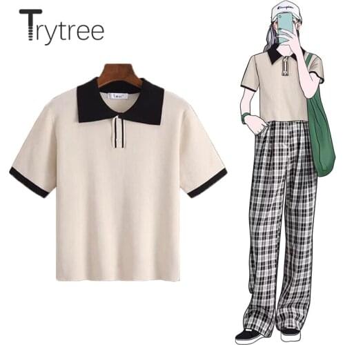 Trytree 2021 Summer Woman Casual T-shirt Knitted Elastic Polo Shirts Turn-down Collar Patchwork 2 Colors Short Tops For Women