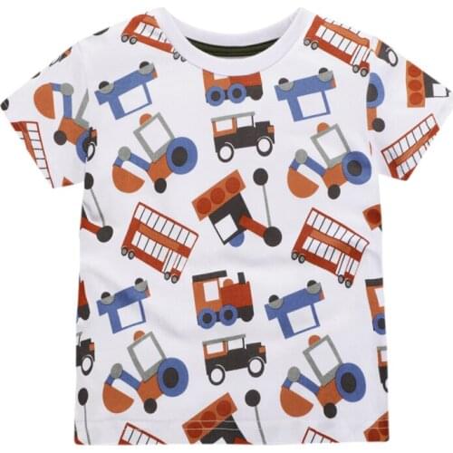 Little Maven New Summer Kids White Buses Cars Vehicle Printed O-neck Short- sleeved 2-7 Cotton Knitted Boys Casual Tshirts Tee
