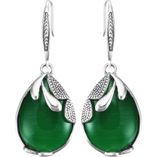Hand Made Fashion Natural Stone Green Opal Earrings silver color Dangle Drop Earrings For Women 2017 vintage earring