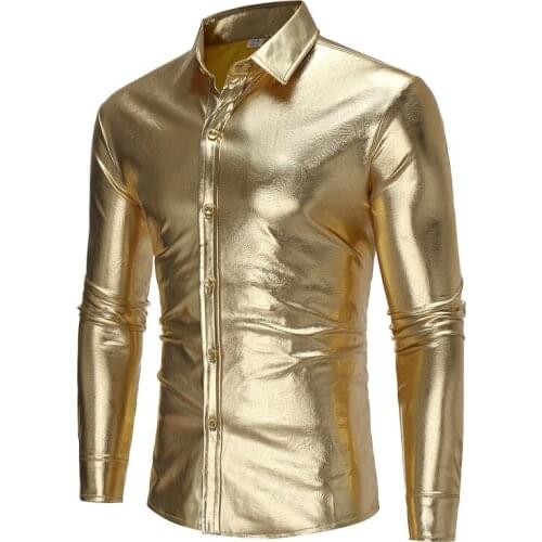 Night Club Wear Mens Dress Shirts Slim Fit Shiny Gold Coated Metallic Shirt Men Long Sleeve Button Down Shirt For Disco Party