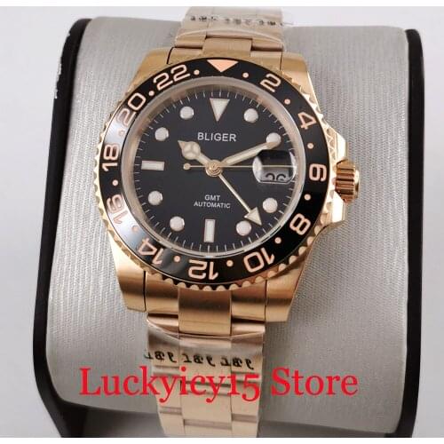 BLIGER Rose Gold Men Watch Sapphire Glass 40mm Deployment Clasp Self Winding Movement GMT Hand