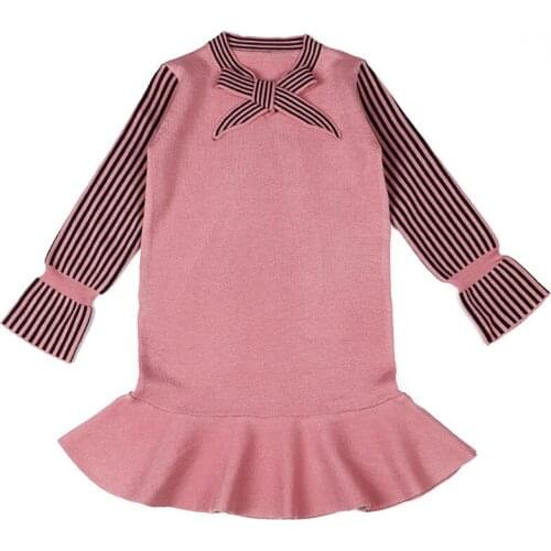 Autumn Winter Stripe Knitted Sweater Dresses for Girls Long Sleeve Kids Girl Pincess Party Dress Ruffle Children Clothes D08