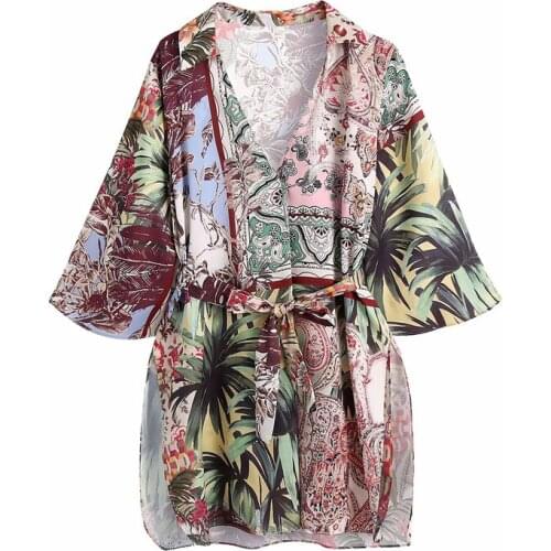 Evfer Women Fashion Nice Summer Za New Pacthwork Print Loose Mini Dress With Belt Chic Lady Elegant V-Neck High Waist Slit Dress