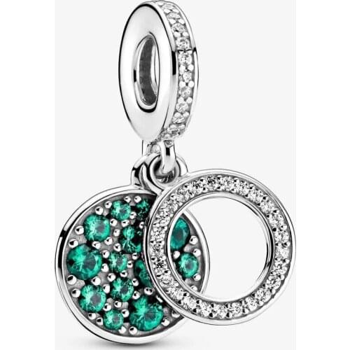Sparkling Green Disc Double Dangle Charms Fits Pandora Bracelet Authentic 925 Sterling Silver Beads DIY Jewelry Making 2021 New