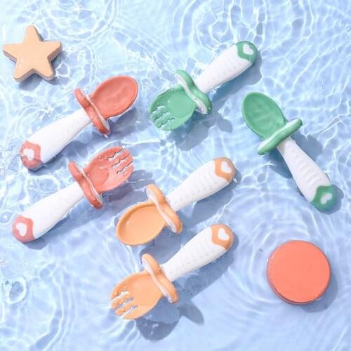 Silicone Non-slip Baby Training Tableware Cutlery Short Fork Spoon Solid Food Self Feeding for Kids Children Storage Box Gift