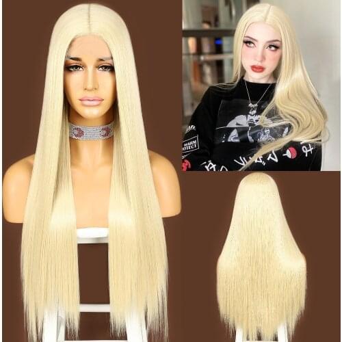 Long Straight Blonde #613 Lace Wig for Women Middle Part Wigs Futura Fiber Daily Wedding Makeup Layer High Heat Synthetic Fiber