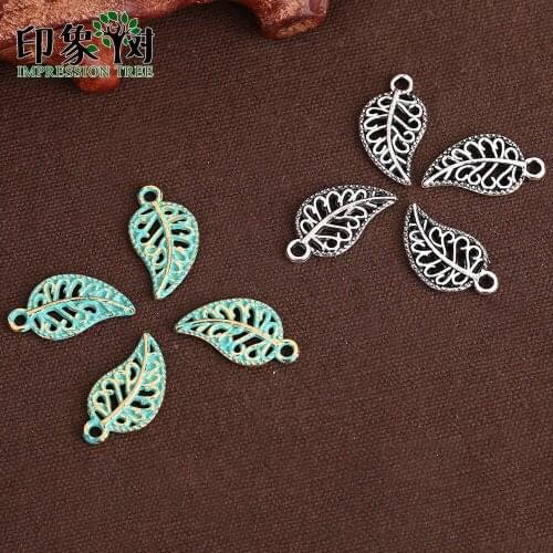20pcs 10*19mm Zinc Alloy Tibetan Silver/Green Hollow Flat Leaves Charms Accessories For DIY Jewelry Bracelet Necklace Making 959