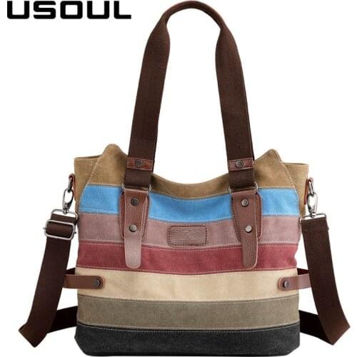 USOUL Vintage Canvas Women Shoulder Bag Female Colorful Striped Handbags Large Capacity Rainbow Casual Tote Bag Shopping Totes