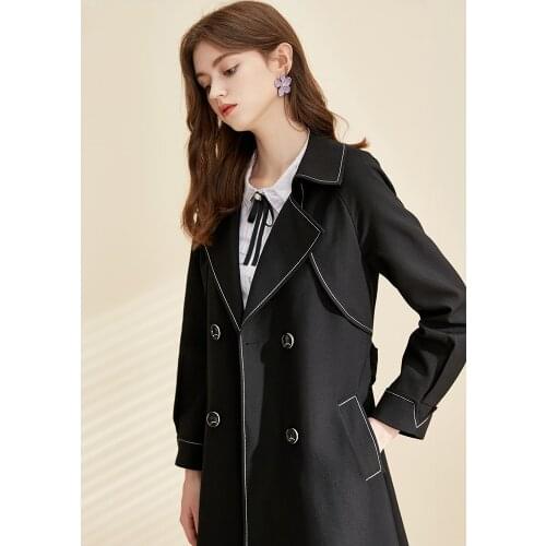 2021 Spring New Black Windbreaker Womens Mid Long Slim Hepburn High End Fashion Style Coat