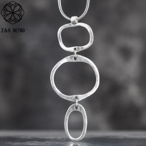 Vintage Silver Color Circle Jewelry Long Necklace for Women Chokers Jewellery Suspension Trendy Pendant for Valentines Day Gift