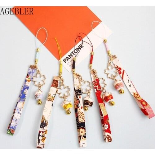 Japanese Cute Ceramics Maneki Neko Pendant Lucky Kawaii Cat Sakura Keychain Key String Bag Pendent Mobile Accessories Gift Women